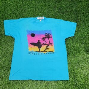 Vintage 80s Virginia-Beach Surfer Shirt Large 21x25 Blue